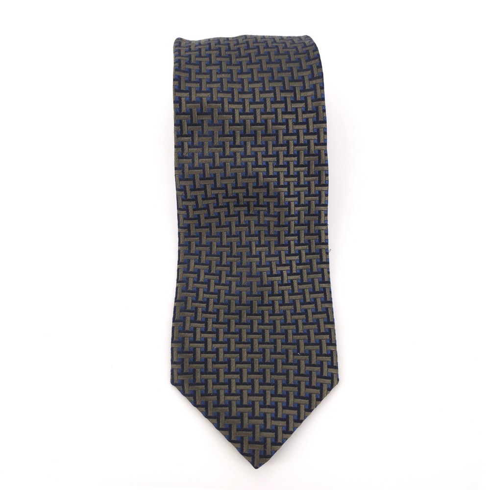 Canali Mens Tie 100% Silk Olive Green Navy Geometric Basketweave Made in Italy - Picture 10 of 10